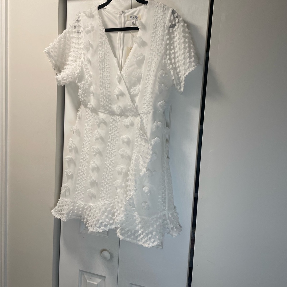 White Textured Short Sleeve Dress